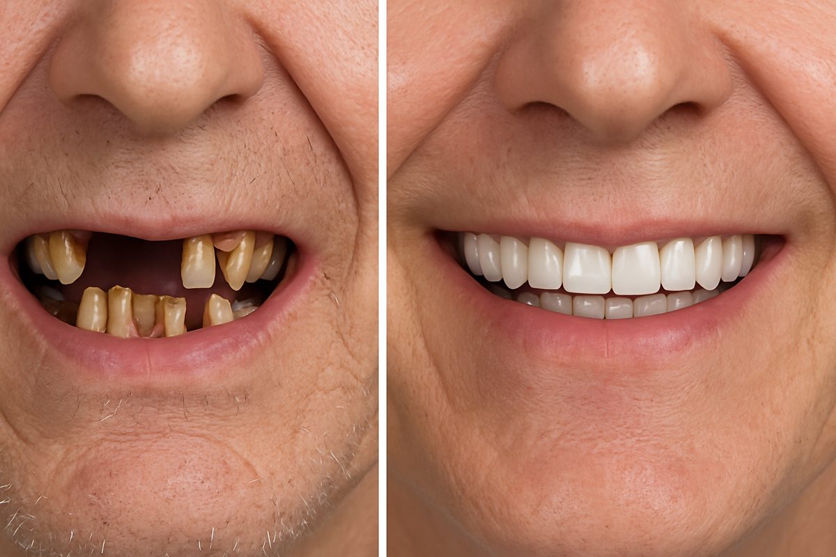 Image showcasing the transformation of a patient's smile with dental implants on their upper teeth. Before and after images that highlight the improved appearance and functionality achieved through the dental implant procedure. No text on image.