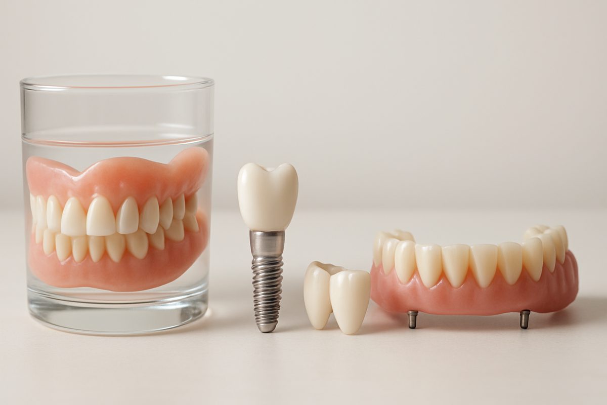 Photo showcasing four different types of tooth replacement options, including a full set of dentures in a glass, a dental implant, a bridge, and an All-on-4 implant set. All options should appear highly realistic, clean, and visually appealing to highlight the variety of solutions available. No text on image.