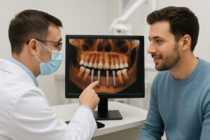 A dentist is pointing to a digital scan of a patient's mouth, indicating where dental implants will be placed. The patient is looking on with interest. No text on the image.
