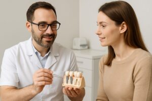 A dentist is consulting with a patient about dental implant services, showing a model of implants in the jaw. No text on image.