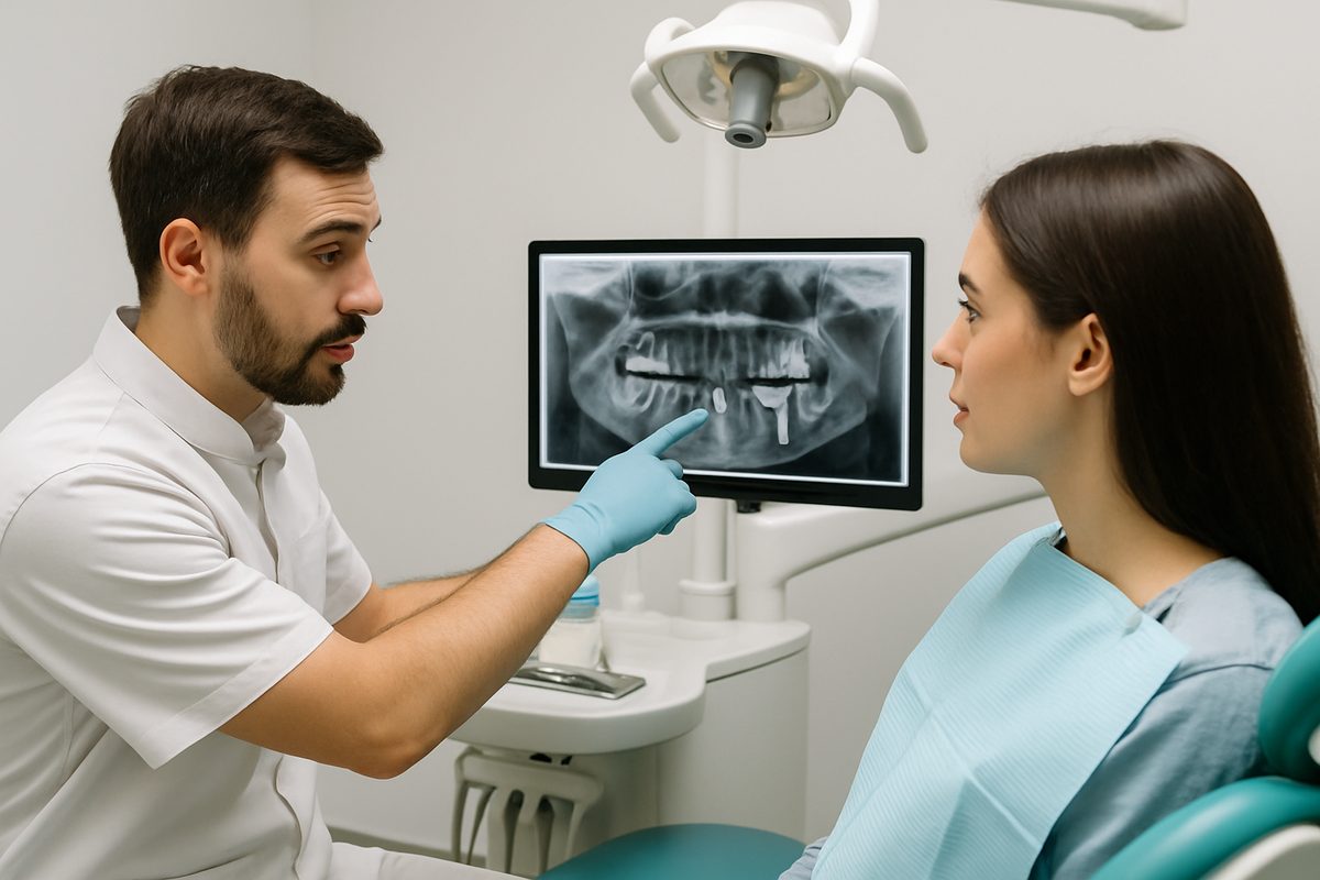Image of a dentist pointing to a jaw x-ray, explaining the bone graft healing process to a patient in a dental office setting. No text on image.