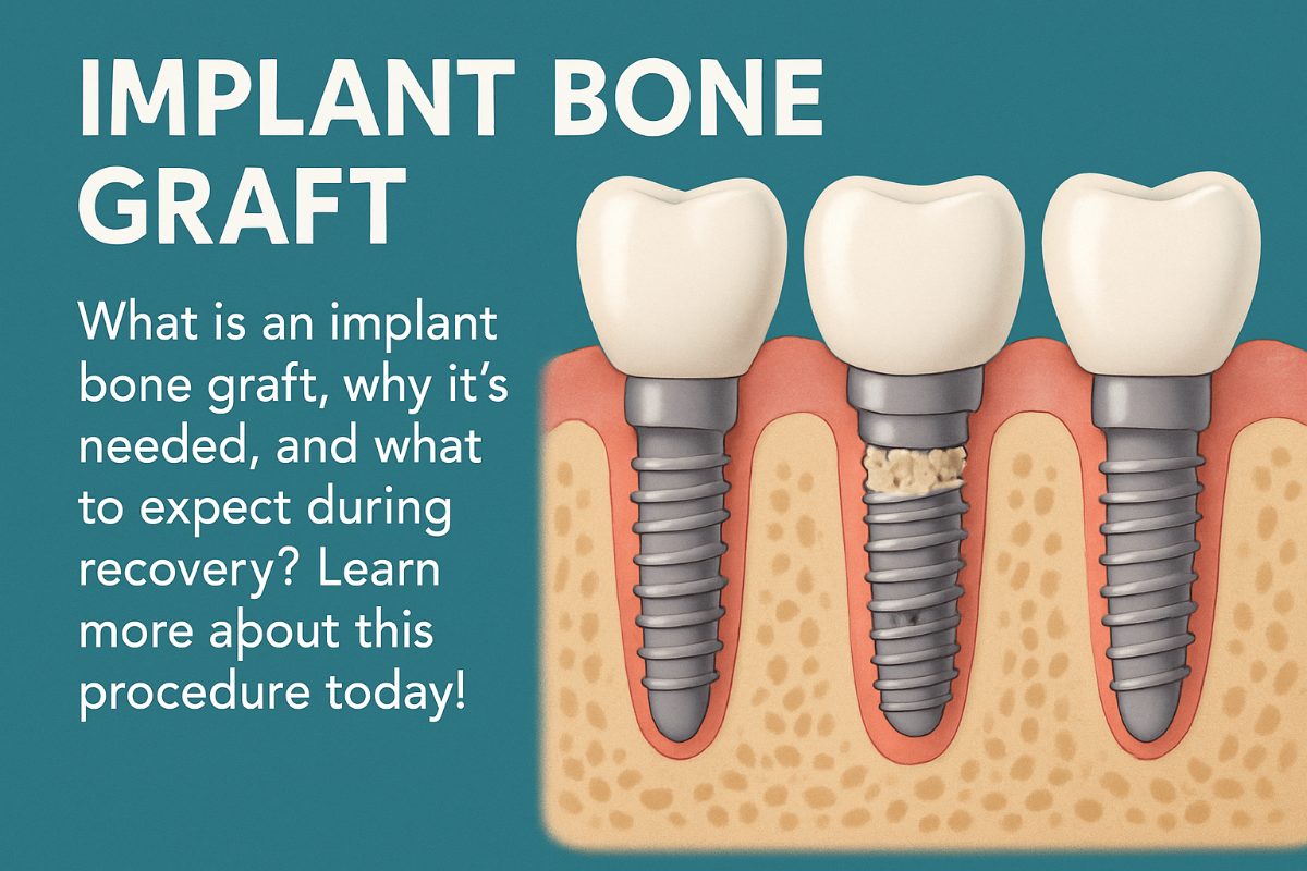 Close up animated image of a dentist placing bone graft material onto a patients jawbone. No text on image.