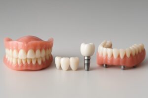 Image showcasing four different types of realistic looking replacement teeth: a full set of dentures, a dental bridge, a single dental implant, and All-on-4 dental implants. No text on the image.