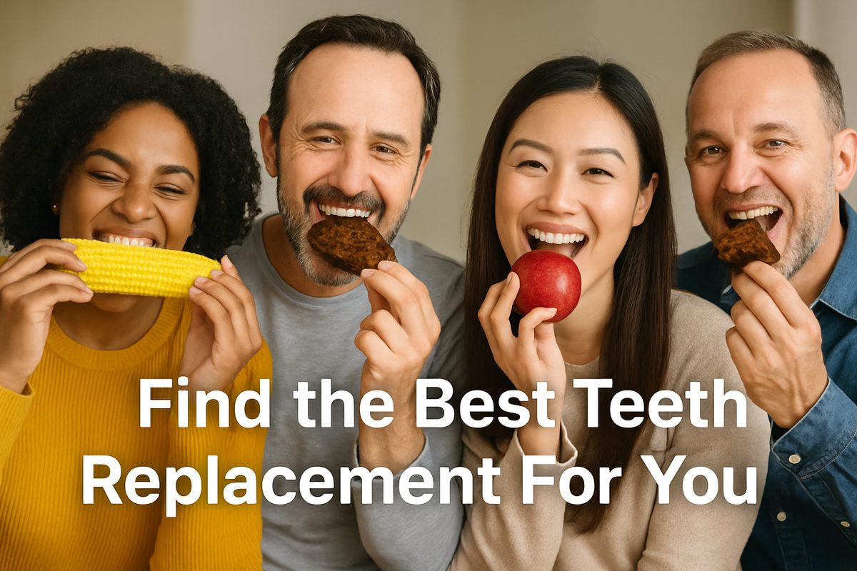 A diverse group of people happily eating different types of foods, such as corn on the cob, steak, and apples. The text on the image says "Find the Best Teeth Replacement For You".
