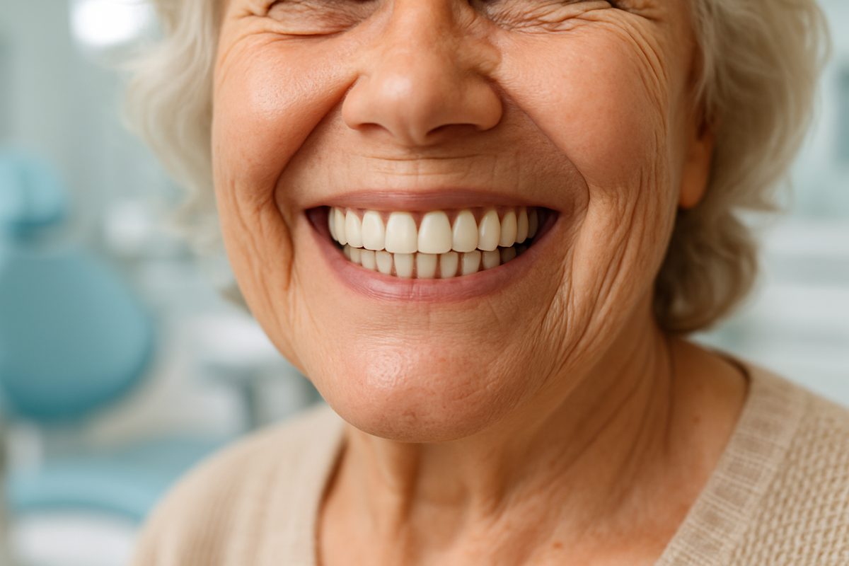 A close-up of a smiling senior woman's mouth, showcasing a full set of dental implants. The background is blurred, but suggests a modern dental office setting. No text on image.