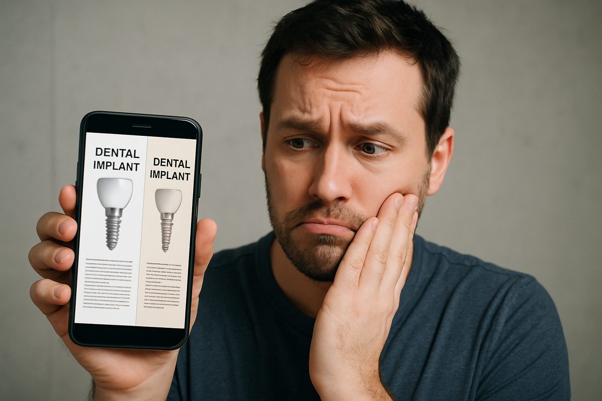 A worried man comparing two extremely different quotes for dental implants on his phone, with one quote being significantly cheaper and of obviously lower quality. No text on image.