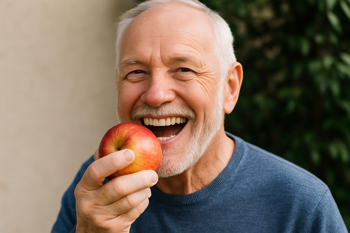 Photo of a smiling senior man, post full mouth restoration, confidently eating an apple. No text on the image.