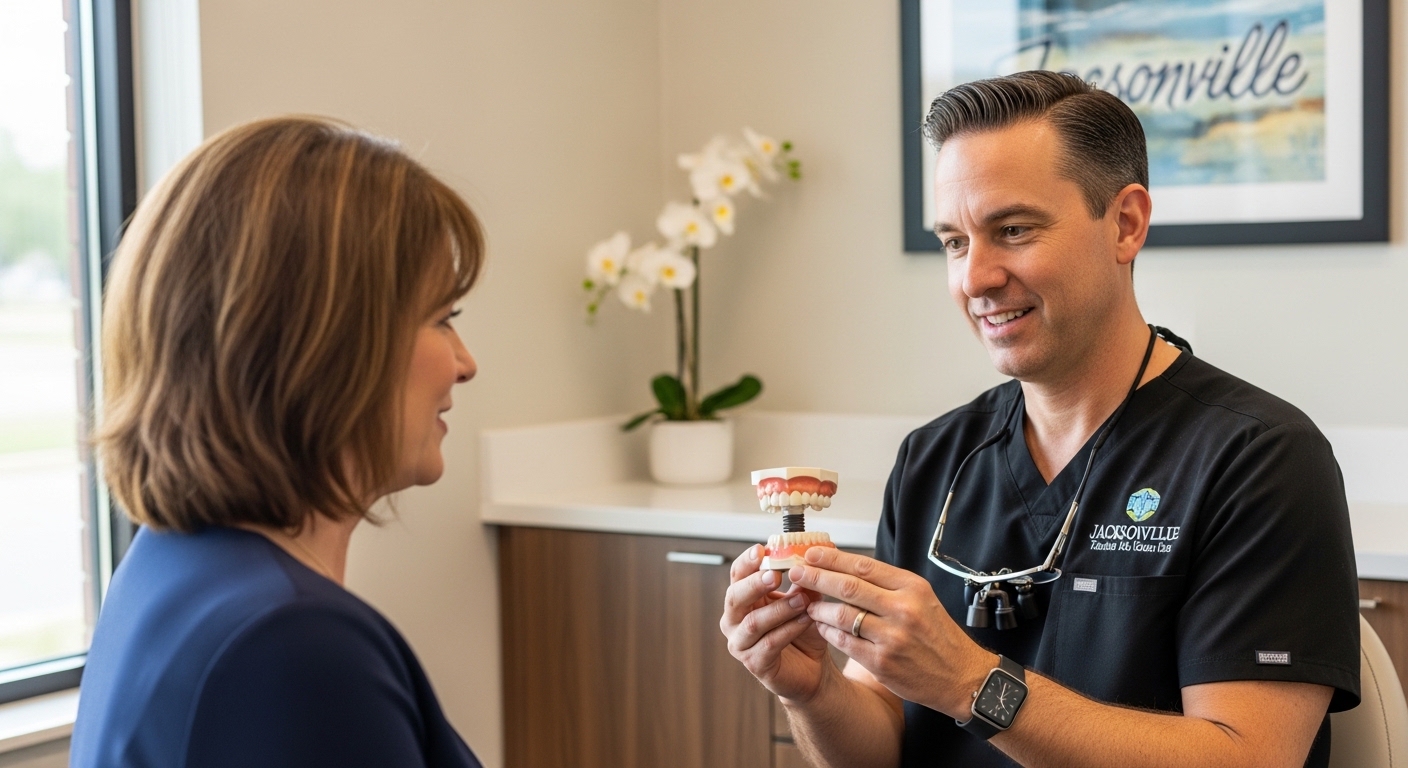 Dentist consulting with a patient about dental implants in a bright, modern office.