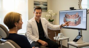Dentist consulting with a patient about dental implants in a modern clinic.