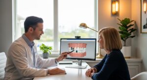 Prosthodontist consulting a patient in a modern dental office setting in Jacksonville, FL