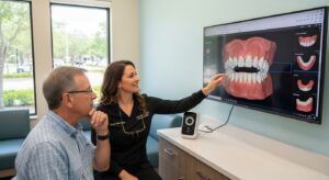 Dentist consulting with patient about denture options in a modern office.