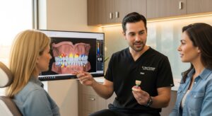 Patient and dentist discussing affordable dental implants in a modern dental clinic.