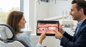 A patient and dentist discussing denture transformation options