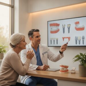 Dr. Noel Rodriguez consulting with a patient about dental prosthetics in a modern office
