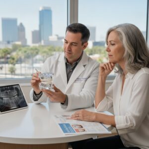 Dentist in consultation with a patient about dental implants