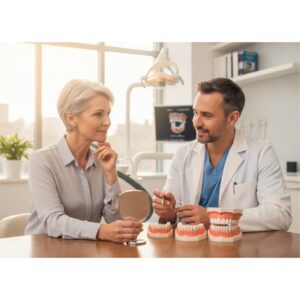 Patient consulting a dentist about prosthetic teeth options in a modern clinic