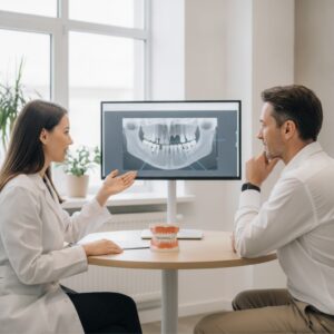 Dentist discussing dental implants and dentures options with a patient in a modern clinic.