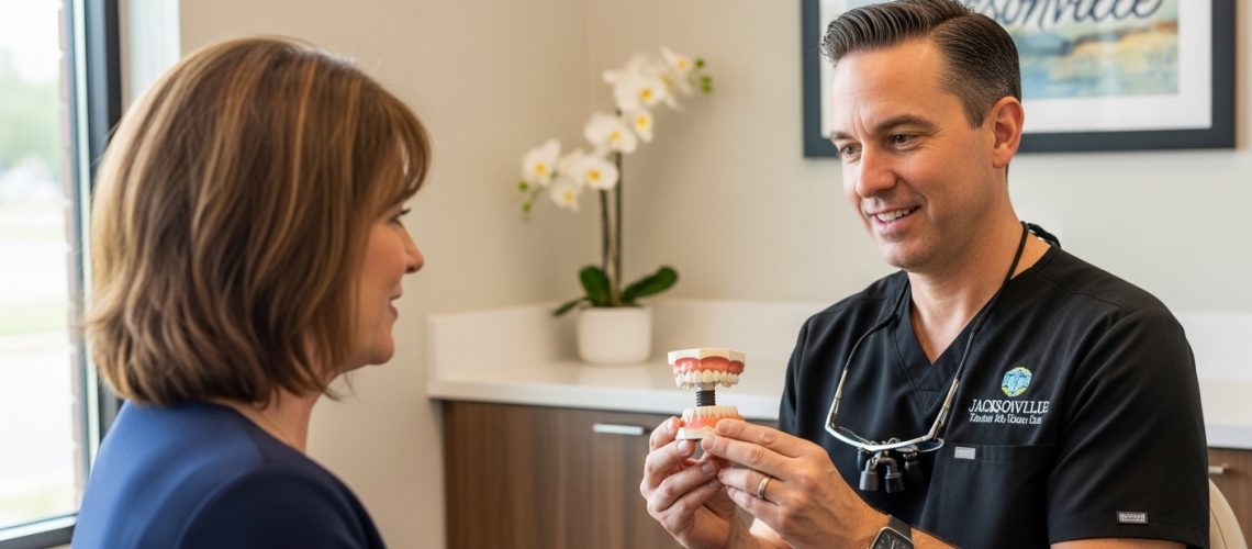 Dentist consulting with a patient about dental implants in a bright, modern office.