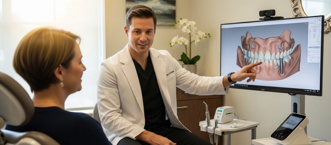 Dentist consulting with a patient about dental implants in a modern clinic.