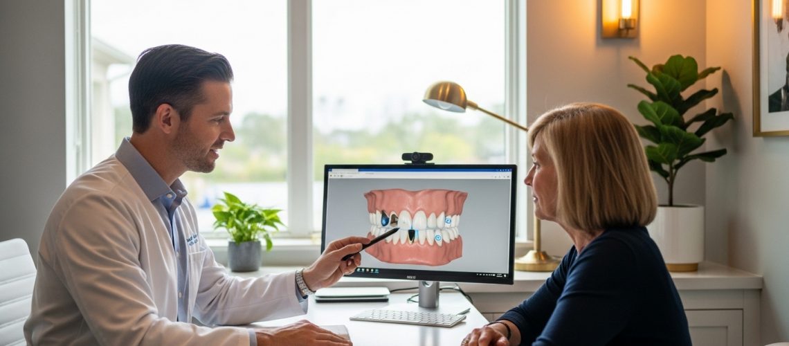 Prosthodontist consulting a patient in a modern dental office setting in Jacksonville, FL