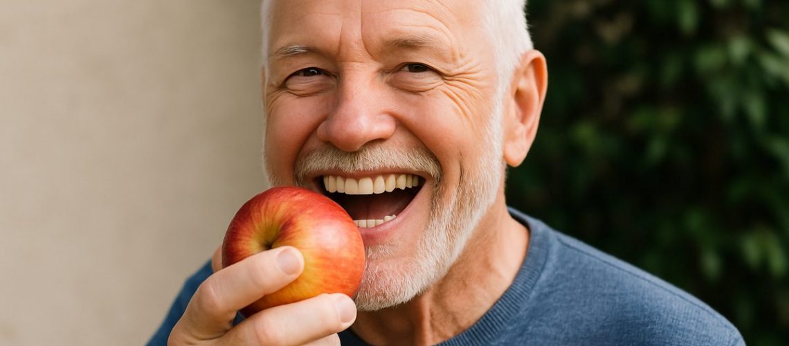 Photo of a smiling senior man, post full mouth restoration, confidently eating an apple. No text on the image.