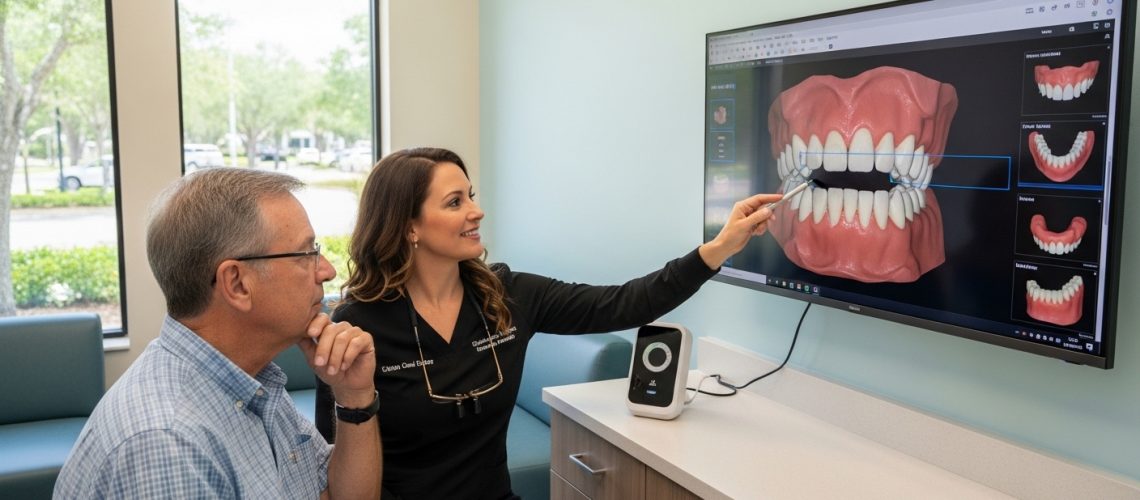 Dentist consulting with patient about denture options in a modern office.