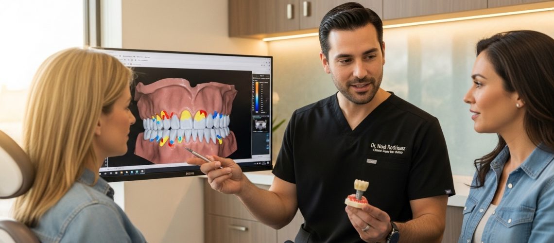 Patient and dentist discussing affordable dental implants in a modern dental clinic.