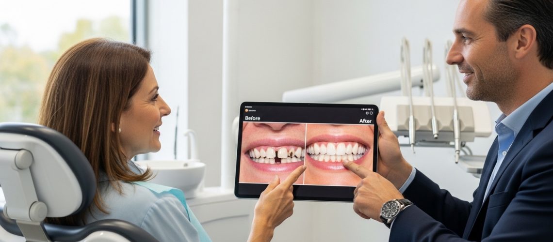 A patient and dentist discussing denture transformation options