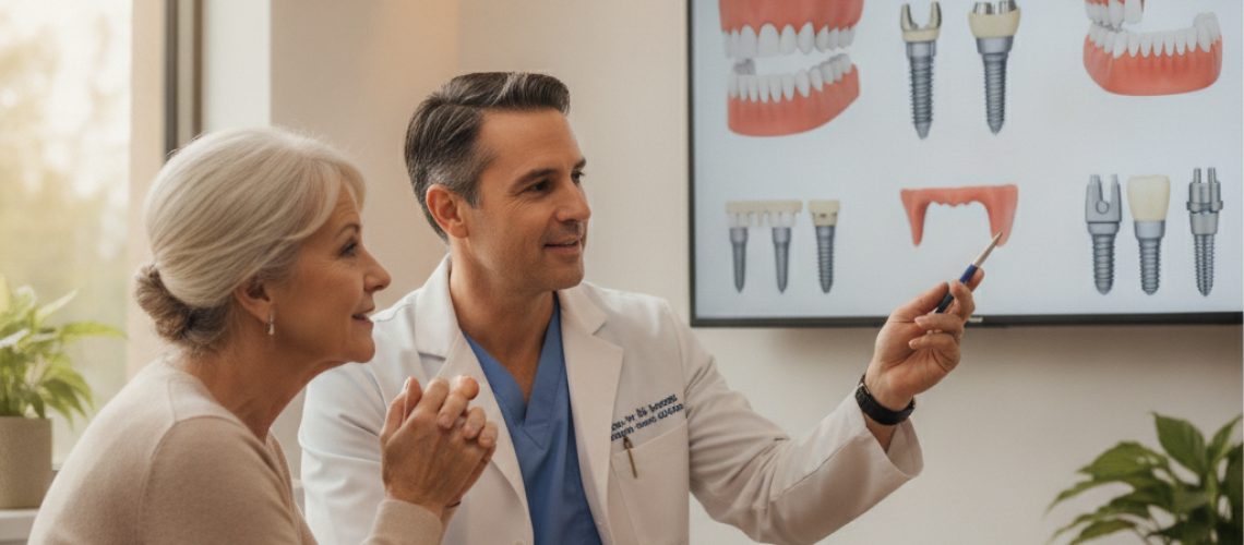 Dr. Noel Rodriguez consulting with a patient about dental prosthetics in a modern office