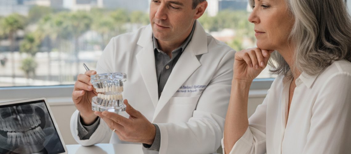 Dentist in consultation with a patient about dental implants