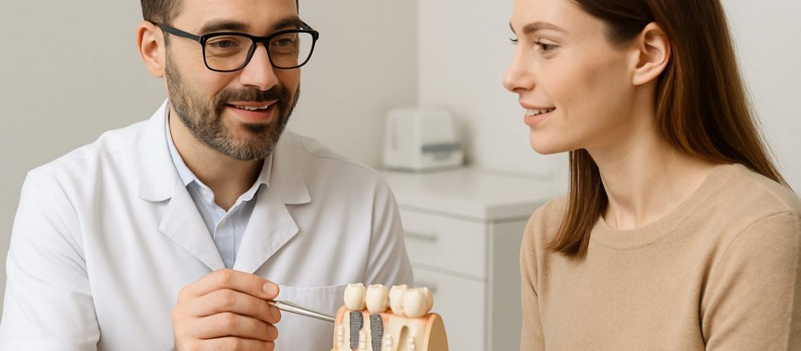 A dentist is consulting with a patient about dental implant services, showing a model of implants in the jaw. No text on image.