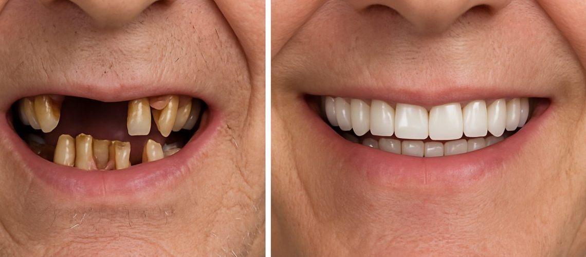 Image showcasing the transformation of a patient's smile with dental implants on their upper teeth. Before and after images that highlight the improved appearance and functionality achieved through the dental implant procedure. No text on image.