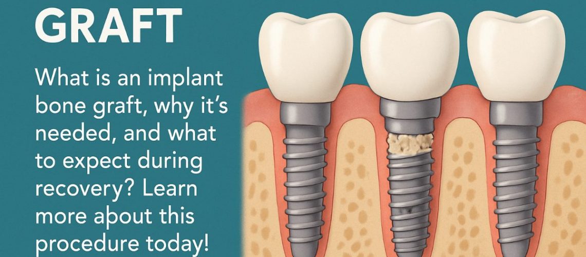 Close up animated image of a dentist placing bone graft material onto a patients jawbone. No text on image.