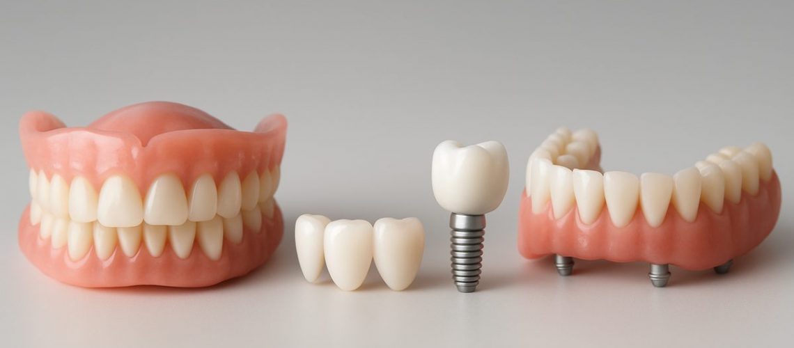 Image showcasing four different types of realistic looking replacement teeth: a full set of dentures, a dental bridge, a single dental implant, and All-on-4 dental implants. No text on the image.