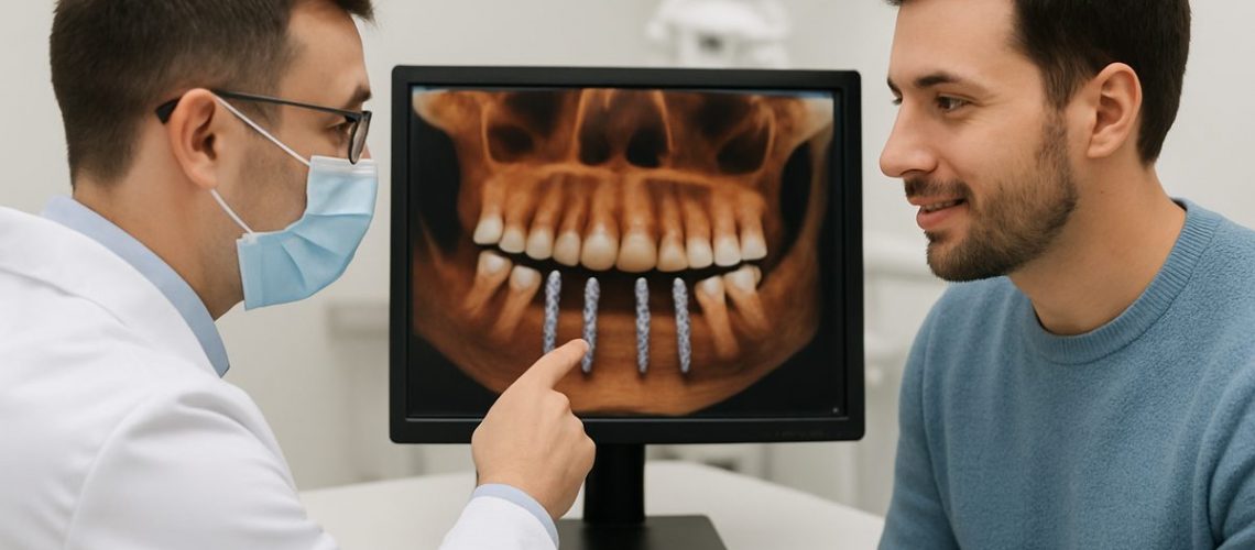 A dentist is pointing to a digital scan of a patient's mouth, indicating where dental implants will be placed. The patient is looking on with interest. No text on the image.