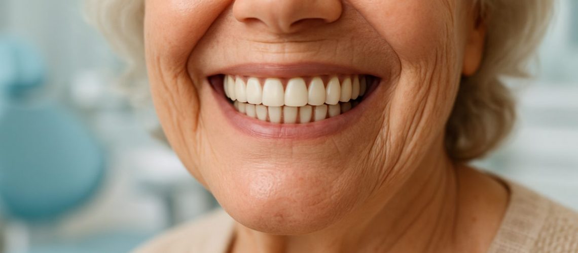 A close-up of a smiling senior woman's mouth, showcasing a full set of dental implants. The background is blurred, but suggests a modern dental office setting. No text on image.