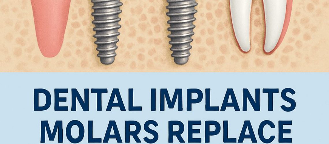 Photo of a dentist smiling and pointing to a digital scan of a patient's mouth, with a focus on the molar area, during a consultation about dental implant options. No text on image.