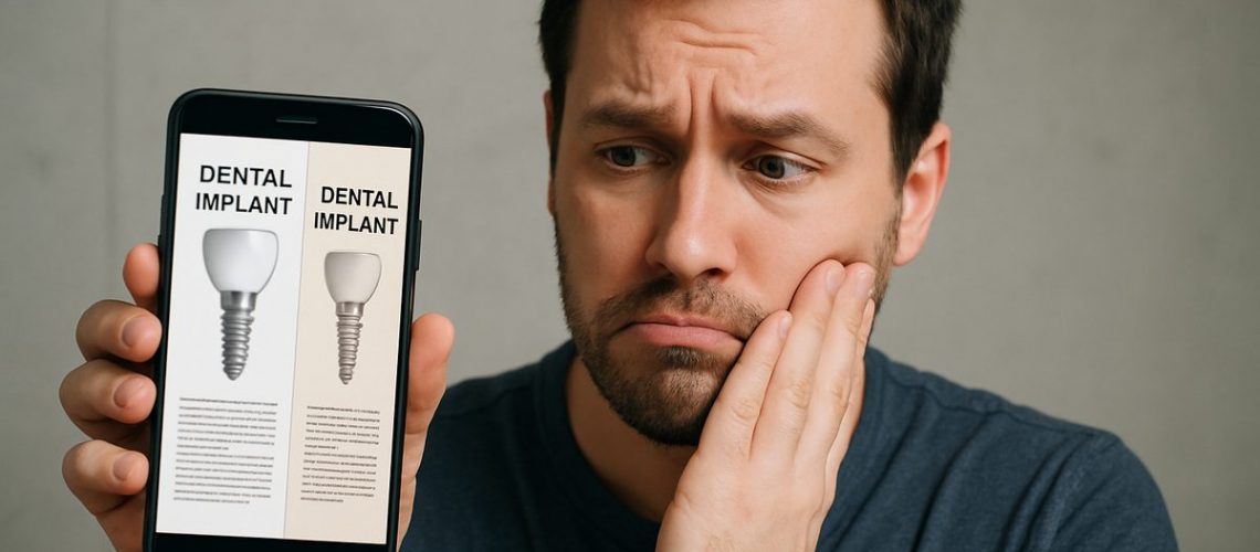 A worried man comparing two extremely different quotes for dental implants on his phone, with one quote being significantly cheaper and of obviously lower quality. No text on image.